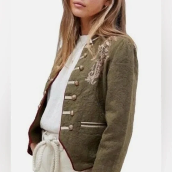 Free People Lauren Band Jacket Military Embroidered Gold Open Front - Picture 2 of 9